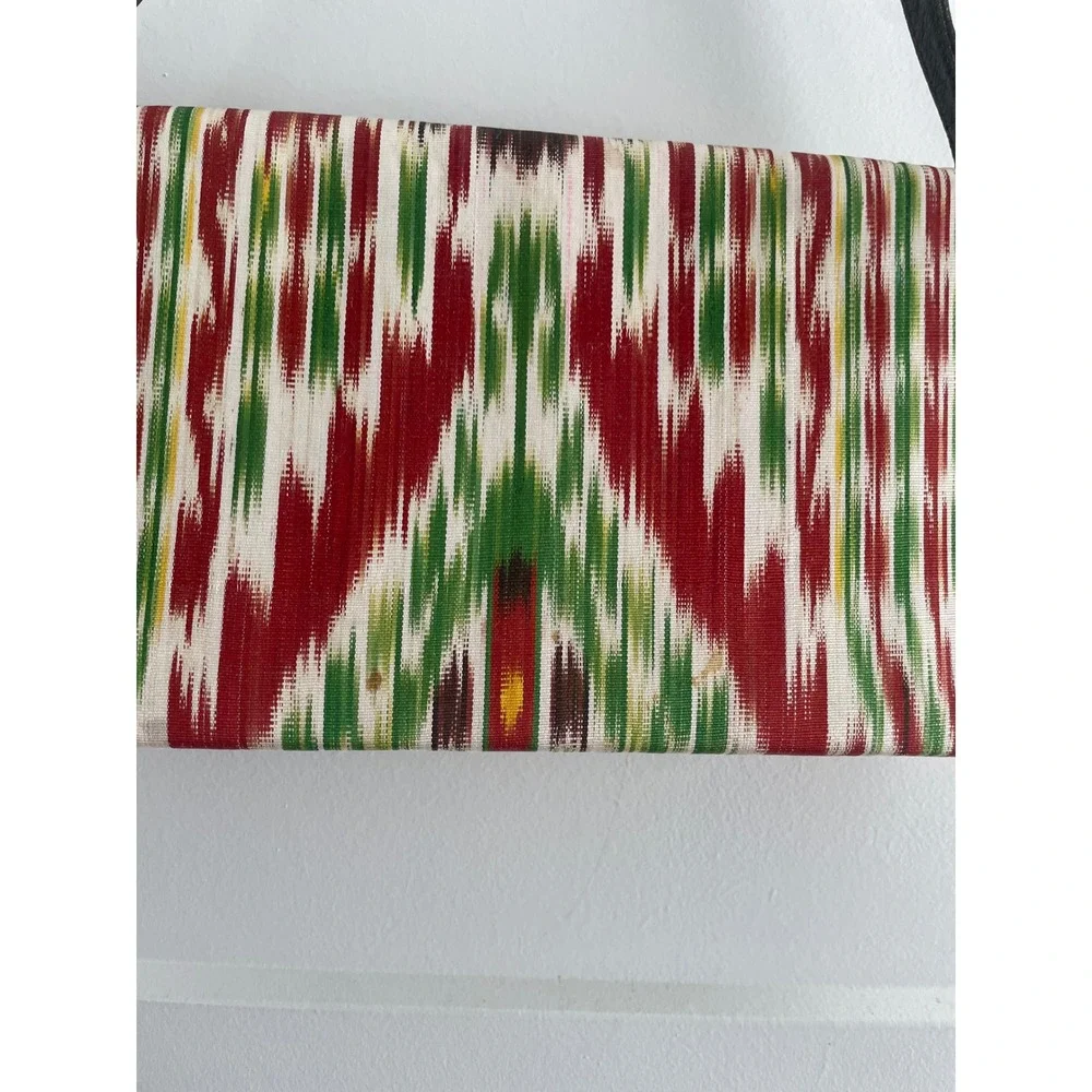 Vintage Ikat Woven Shoulder Bag Multi Color Pattern with Olive Leather Trim